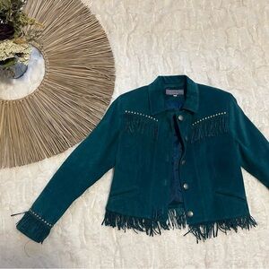Double D Ranch Teal Leather Jacket with Fringe